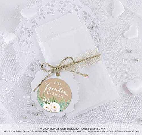 Freuden Tränen Taschentücher Set zur Hochzeit Groß 48 Sticker + 48 Pergamin Flachbeutel 63 x 93 mm Freudentränen Taschentuch Verpackung GRÜN WEIß BOHO HIPPIE ROSEN EUKALYPTUS BLÄTTER KRAFTPAPIER