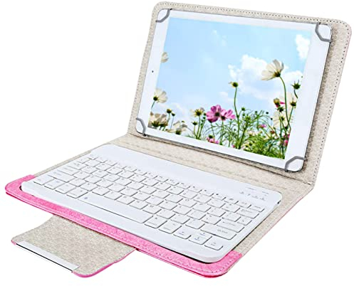 Multi-device Bluetooth Keyboard,10in Tablet Keyboard with PU Leather Case, 10m Wireless Range, Universal Wireless Keypad for Android, IOS, Windows(Rose)