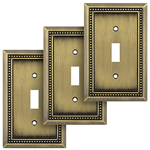 Henne Bery Sunken Pearls Heavy Duty Decorative Wall Plate Switch Plate Outlet Cover (Single Toggle, 3 Pack, Antique Brass)
