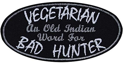 Aufnäher Patch VEGETARIAN - BAD HUNTER Aufbügler Jäger Fleischliebhaber BBQ Grillmeister Geschenk Bügelbild für Grillschürze Applikation Jeans Flicken zum annähen - 90x45mm