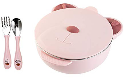 KINGBOO Apink Assiette à dîner en acier inoxydable pour bébé avec couvercle, bol à ventouse rempli d'eau pour garder au chaud