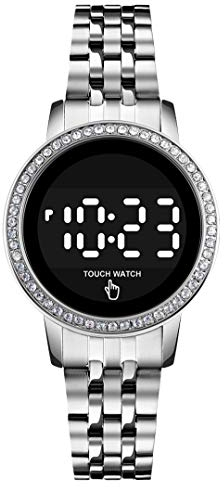 findtime Damenuhr Silber Uhr Damen Rund Klassisch Digital Quarz Uhren Edelstahl Mädchen Wasserdicht Hintergrundbeleuchtung Armbanduhren für Damenuhren