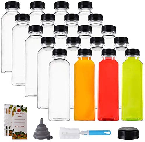 Jucoan 20 Pack 16oz/500ml Plastic Juice Bottles with Black Cap, Clear Reusable Containers with Lids, Great Disposable Bottles for Making Juice, Milk, Salad Dressing, Smoothie and Other Beverages