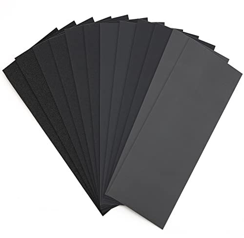 PROUSKY 12 Pieces Wet and Dry Sandpaper, Assortment 120 150 180 240 320 from 3000 High Grit Sandpaper, 22.86x9.14cm Fine Abrasive Paper Assortment, Ideal for Automotive Car Furniture Polishing