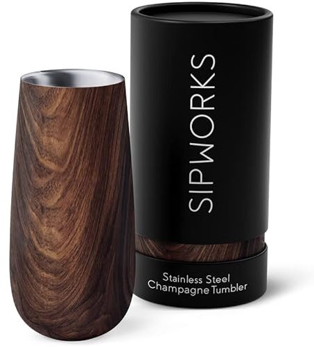 Sipworks Champagne Tumbler - 8oz Stainless Steel Wine Tumbler with Double Walled Vacuum Insulation - Spill Resistant, Shatterproof Insulated Champagne Flutes for Travel & Parties - Mahogany