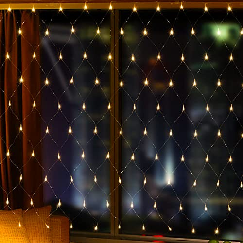 Cecaylie 96 LED Lichternetz, 1.5x1.5M LED Lichtervorhang, Lichterkette Netzlicht mit 8 Modi und Speicherfunktion, Lichternetz Außen IP44 Wasserdichte Lichter Netz-Warmweiß