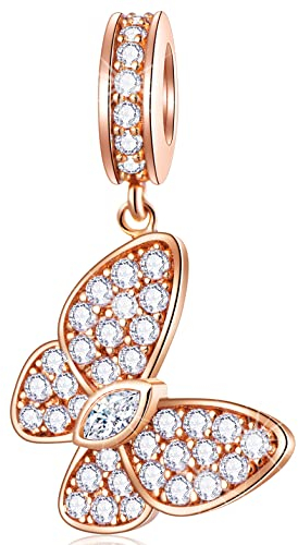 Rose Gold Sparkle Schmetterling Anhänger Charms, passt Pandora Valentinstag Armband/Halskette, 925 Sterling Silber Klar CZ Insekt Mariposa Dangle Perlen, Geschenk für Freundin/Freund/Frau