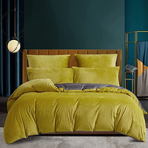 Luofanfei Winter Plüsch Bettwäsche 155x220 Kuschelig Weich Gelb Grau Cashmere Touch Bettwäsche Kuschelig Flauschig Fleece Bett Samt Bettbezug Winterbettwäsche Set 155 220 mit Reißverschluss