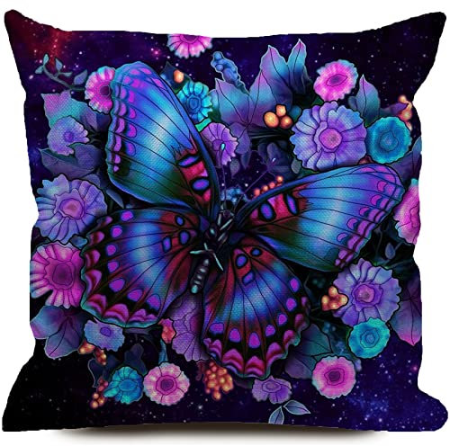 KEIROUTK Purple Butterfly Cushion Covers 45X45 Sunflower Cushion Cover Cotton Linen Throw Pillow Case Decorative Sofa Square Pillowcase For Home Deco Favor, Invisible Zipper Outdoor Cushion Covers