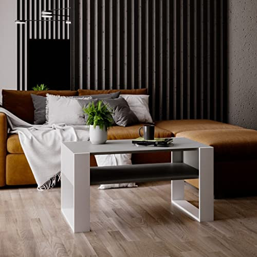 MRBLS Couchtisch – modernes rustikales Design – Wohnzimmer-Tisch Beistelltisch Kaffeetisch Sofatisch Teetisch aus Holz (Grau Matt - Weiß Matt) - 92 x 45 x 53,6 cm (B/H/T)