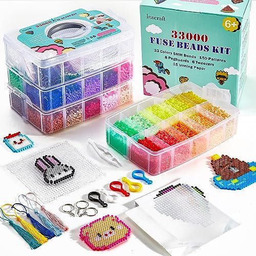 Inscraft Bügelperlen Set, 33000 teilige große Bügelperlen 5mm, 33 Farben Bügelperlen xl, Bügelperlen groß mit 15 Bügelpapier, 150 Bügelperlen Vorlagen & 8 Bügelperlen Platten, Steckperlen ab 3 jahre