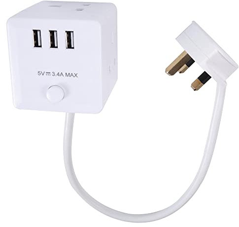 PRO ELEC PELB1478 Cube Mains Extension Lead with USB Charging, 3 Gang, 500mm, White
