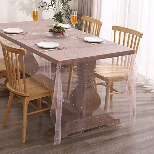 Tosleo Nappe de Mariage en Tulle Décorations d'arche de Table Décoration de Fête Prénuptiale Tissu en Maille Dentelle Perlée Mousseline d'anniversaire Prénatale Candy Bar Rose 140 x 140 cm