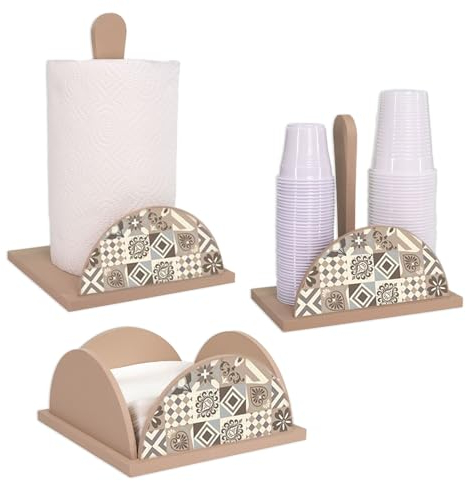 Lupia - Set 3 Pezzi VINTAGE TILES VINTAGE Porta Bicchieri, Porta Tovaglioli e Porta Rotolo in Legno, Decorazione Shabby Vintage, Adatto a Stili Moderni e Classici, Fatto in Italia, Legno