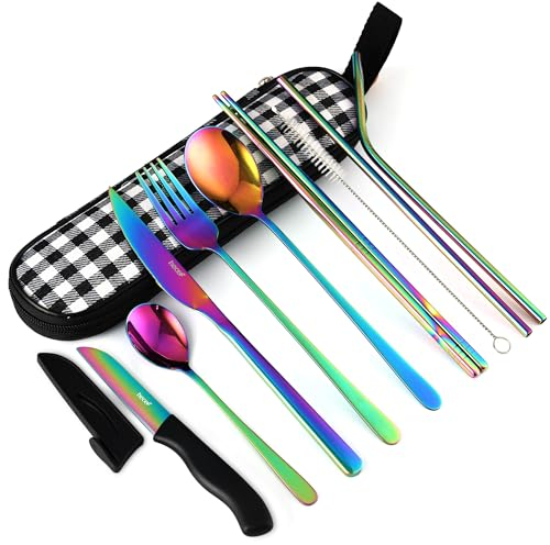 hecef 10 Piezas Cubiertos para llevar, Juego de Cubiertos Camping de Acero Inoxidable, Cubiertos Portátiles para Acampar y Viajes con Bolsa de Almacenamiento, para Hogar, Trabajo, Camping (Arco Iris)