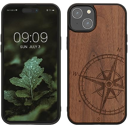 kwmobile Wood Case Compatible with iPhone 15 Plus Case - Cover - Navigational Compass Dark Brown