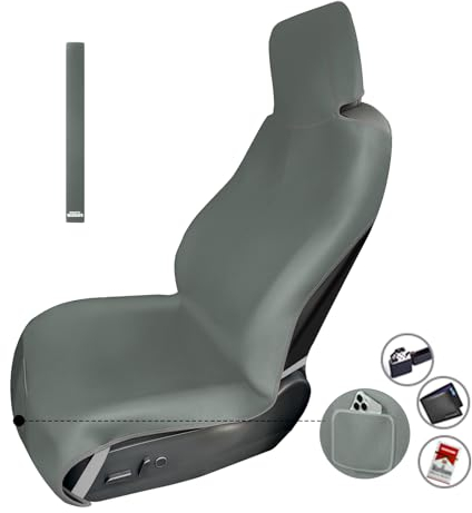 1PC Verbesserte Verbreiterte Neopren Autositzbezüge ordersitz, Wasserdicht Sitzschoner Handtuch Universal rutschfest mit 3 Schnallengurten und Kleine Tasche für Hunde Kinder Autos Van SUV (Graugrün)