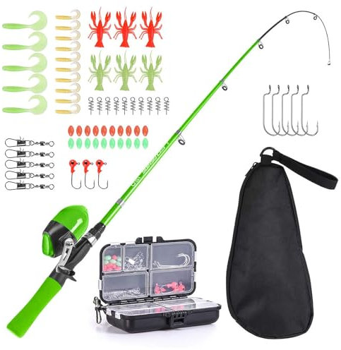 Lixada Kinder-Angelrute und Rolle, komplettes Set, 1,5 m, Teleskop-Angelrute, Spincast-Rollen-Set mit Haken, Köder, Fass, Wirbel, Aufbewahrungstasche