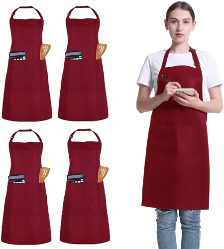 FunChaos 4 Delantal de Chef, Delantales Ajustables Unisex con 2 Bolsillos, Delantal Personalizado para Hombres y Mujeres para Cocina, Jardinería, Restaurante, Cafetería (Rojo Intenso)