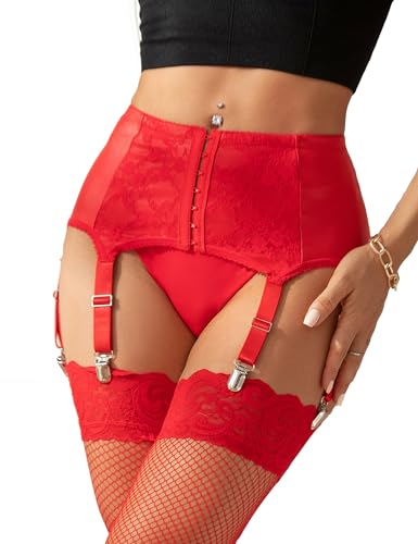 comeondear Damen Strapsgürtel Leder Sexy Strumpfhalter Spitze Strapshalter Breit mit 6 Clips aus Metall Große Größen Wetlook Strapsen Dessous Set Garter Belt Strumpfband Hosenträger(Rot,L)