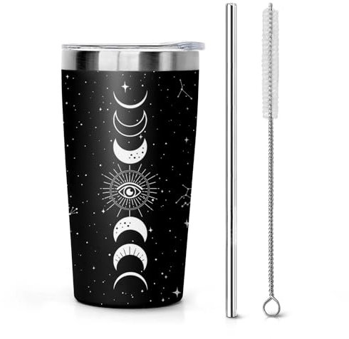 Gobelet gothique de 295 ml, tasse de voyage en forme de lune, tasse de voyage pour sorcière, cadeau d'Halloween pour femme, gobelet avec couvercle et paille, accessoires gothiques, gobelet de sorcière