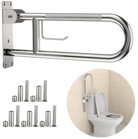 YuanDe WC-Haltegriff, 57 cm, klappbarer Haltegriff mit Papierhalter, poliertes Chrom, rutschfeste Sicherheitsstangen für Toilette, gerändelte WC-Griffe aus Edelstahl, für Senioren, Behinderte, ältere