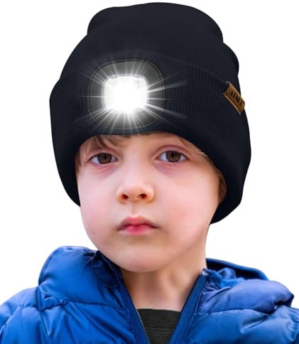 ATNKE Kids LED Beleuchtete Mütze mit Licht,Wiederaufladbare USB 4 LED Laufmütze Extrem Heller Lampe Winter Warme Stricken Mütze Großartig Geschenke für Jungen und Mädchen/Navy