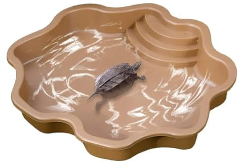 Flushbay Extra Large Reptile Bathing Pool Reptile Feeding Dish Water Bowl with Ramp Aquarium Ornament for Gecko, Snake, Turtle, Bearded Dragon, Lizard Bath (Brown-Yellow)