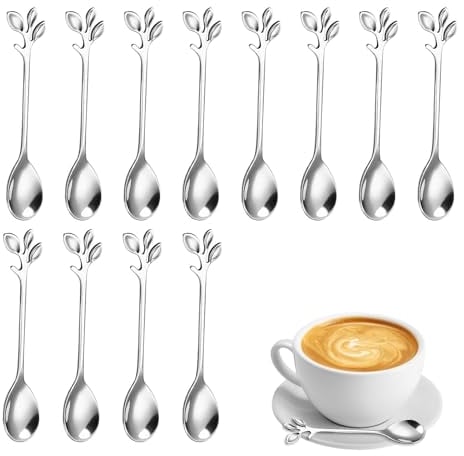 12 pièces de Cuillère à Café en Feuille D'acier Inoxydable Cuillère Café Petite Cuillère à Dessert en Acier Inoxydable, Mini Cuillère à Dessert Design Branche pour l'eau thé Lait Café(Argent)