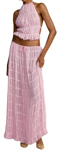 WangsCanis Damen Langer Rock 2-teiliges Set Ärmelloses Rückenfrei Neckholder Bauchfreies Plissiert Fließender Maxirock Sexy Sommer Zweiteiler Bekleidungsset (11 Rosa, 40, M)
