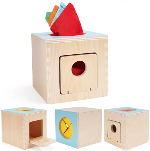 FCSONU Montessori Spielzeug Baby ab 12 Monate, Holz Montessori Tücherbox Toys 6 Monate, Tissue Box Toys, Sensorik Motorik Spielzeug 1 Jahr, Kinder Geschenke für Geburtstag Weihnachten Jungen Mädchen