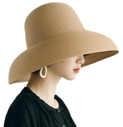 WUODHTW Sombrero de paja de ala ancha para mujer, para verano, playa, UPF 50+, Caqui, Talla única