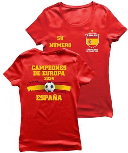 lepni.me Camiseta de Fútbol España para Mujer con Su Número Personalizado | Camiseta con Insignia de Bandera Española | Campeones de la Eurocopa 2024 (M Rojo Multicolor)