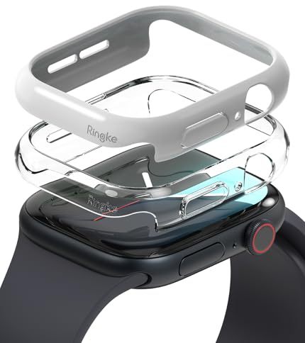 Ringke Slim Compatible con Protector Apple Watch 10 (46mm) No Más Descoloramiento, Funda Sólida Transparente + Case Adicional para Mujer y Hombre - Clear + Light Gray