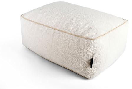 Littens Cream Teddy Boucle Rectangle Footstool Ottoman Bean Bag Pouffe, Living Room Decorative Low Seat Piped (65cm x 45cm x 25cm)
