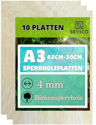 Sperrholzplatten 3-6mm | Multiplex Zuschnitte A3 (42x30cm), A4 (30x21cm) & 60x40cm | Ideal für Modellbau, Laserschnitt, Basteln | Hochwertige Birkenholz Qualität SEVICO