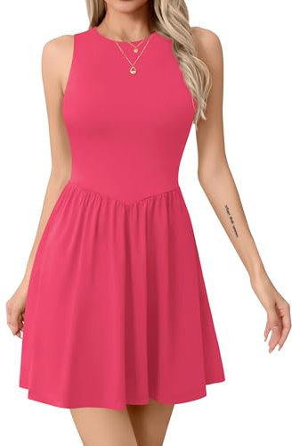 Missufe Mini robe rockabilly pour femme, coupe trapèze, sans manches, col rond, robe débardeur courte, Rose, M