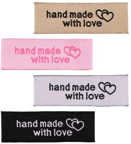 120stk Personalisierte Nähetiketten, Stoff Handgefertigte Anhänger Rechteckig mit Liebe Hergestellte Nähetiketten Geprägte Anhänger zum Nähen von Hüten Geldbörsen Kleidung (Herz)