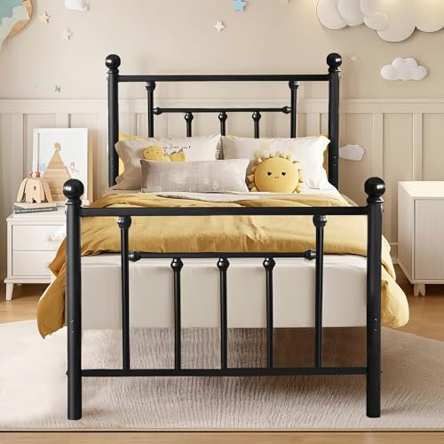 VECELO 3ft Single Bed Frame, Metal Platform with Victorian Style Headboard, Heavy Duty Steel Slat Support, No Box Spring Needed Mattress Foundation, Underbed Storage Space, Easy Assemble