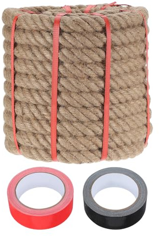 sourcing map Cuerda de yute de 1.2 pulgadas x 60 pies, cuerda trenzada gruesa natural pesada con 2 rollos de cintas para manualidades, barandilla, muelles, tirón de guerra, columpio, paisajismo