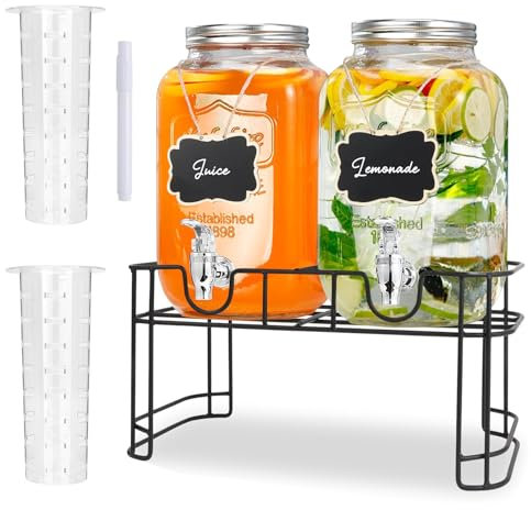 ZhouZGlass Glass Drink Dispenser with Tap, 2 Pack 4 Litre Beverage Dispenser with Fruit Infuser,Laundry Detergent Dispenser Punch Bowls Water Juice dispensers with Easy Flow Spigot for Outdoor
