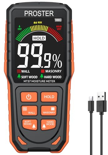 Proster Rechargeable Pinless Moisture Meter Damp Meter for Walls | LCD Display Sound Alerts with 4 Modes: Wall, Masonry, Hardwood, Softwood. Wall Moisture Detector Detects Up to 19mm Depth