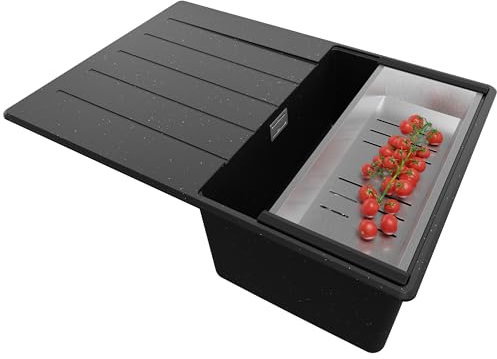 PRIMAGRAN Lavello da Cucina Nero Metallico 70x50cm, Lavandino da Cucina a 1 vasca + Sifone Classico, Lavabo da Cucina Incasso al mobile 40cm - Copenhagen