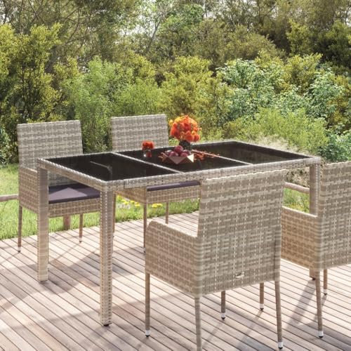 Makastle Table de Jardin Rectangulaire Dessus en Verre 150x90x75 cm Table de Salle Extérieur en Résine tressée, pour Jardin, Balcon, Gris