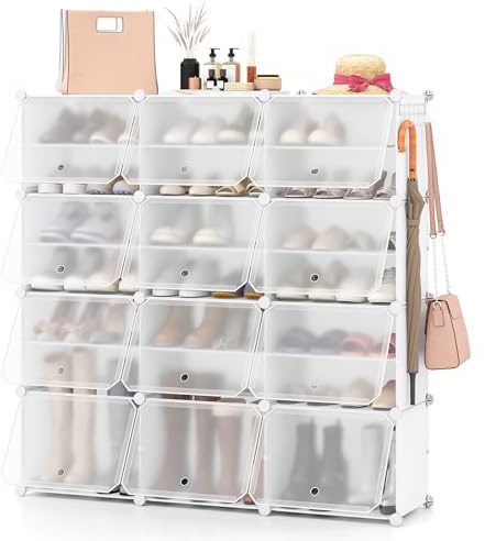 COSTWAY Schuhregal mit 12 Fächern, Schuhschrank aus Kunststoff für 48 Paar Schuhe & Stiefel, Schuh-Organizer DIY mit seitlichen Haken, Schuhständer für Eingang, Flur (Weiß)