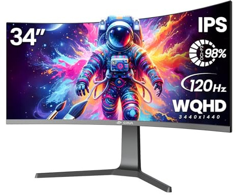 CRUA Monitor da gioco curvo da 34 pollici, IPS WQHD (3440 x 1440P) 120Hz 1900R 21:9 UltraWide PC Display, 130% sRGB, AMD FreeSync, filtro luce blu, porte HDMI/DP, installazioni di montaggio