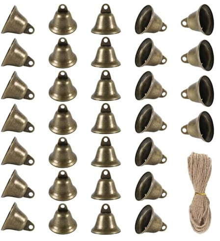 AWBEOT 32 x Glöckchen zum Basteln Bronze Vintage Glöckchen Kleine Anhänger Deko Glocken Kuhglocke Weihnachten Weihnachtsbaum Schmuck mit Rollen Hanfseil für Hochzeiten Schmuck Windspiele Hundetraining