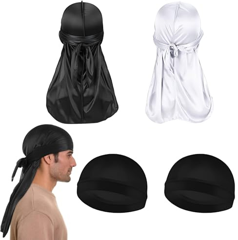 Durag Men, 4 Stück Kopftuch Herren, Elastische Wave Caps für Sport, Bandana Cap für Männer und Frauen, Premium Satin Durag mit Langem Schwanz für 360 Waves