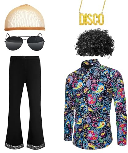 6-teiliges 70er Jahre Kostüm für Herren, Disco Outfit mit Hemd & Schlaghose | Retro-Party-Set mit Afro-Perücke, Sonnenbrille & DISCO-Kette – ideal für Schlagerparty, JGA, Bad Taste & Mottoparty