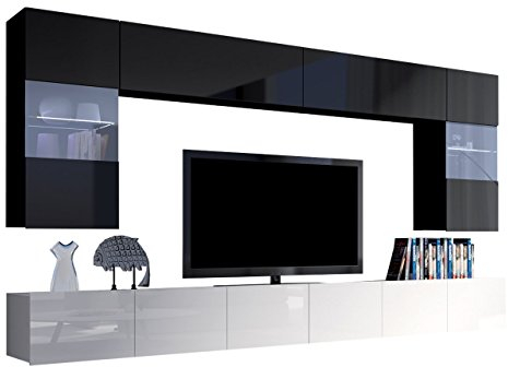 Moderne Wohnwand Calabrini I, Anbauwand Mediawand Hängevitrine TV Lowboard Wandregal Wohnzimmerschrank Fernsehschrank (mit Blauer LED Beleuchtung, Schwarz + Schwarz Hochglanz/Weiß + Weiß Hochglanz)